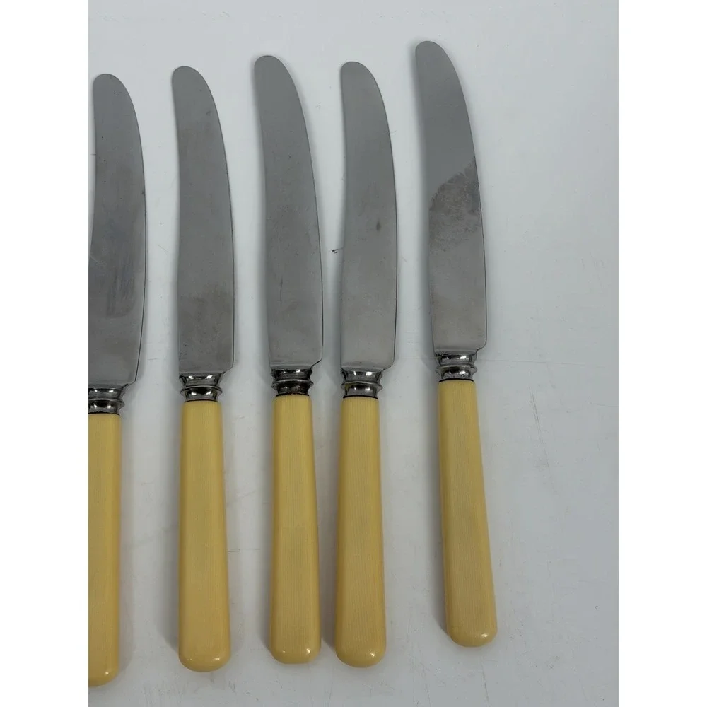 Vintage Sheffield Dinner Knives Set 6‎ Yellow Handle MCM Retro Flatware